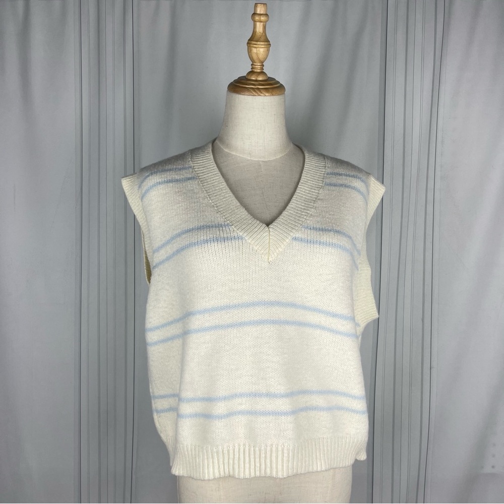 FRNCH Paris Cropped Sweater Vest - Cream/Light Blue - Women's S/M
